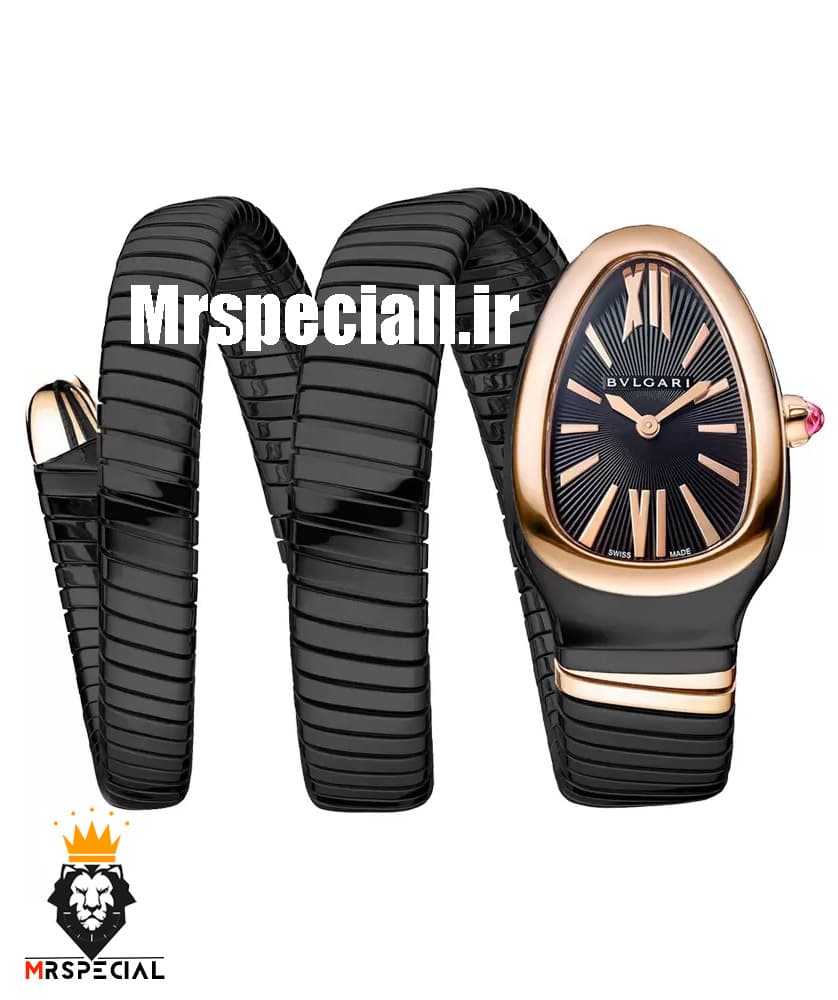 ساعت زنانه بولگاری ماری دستبندی مشکی قاب رزگلد BVLGARI SERPENTI TUBOGAS 2343