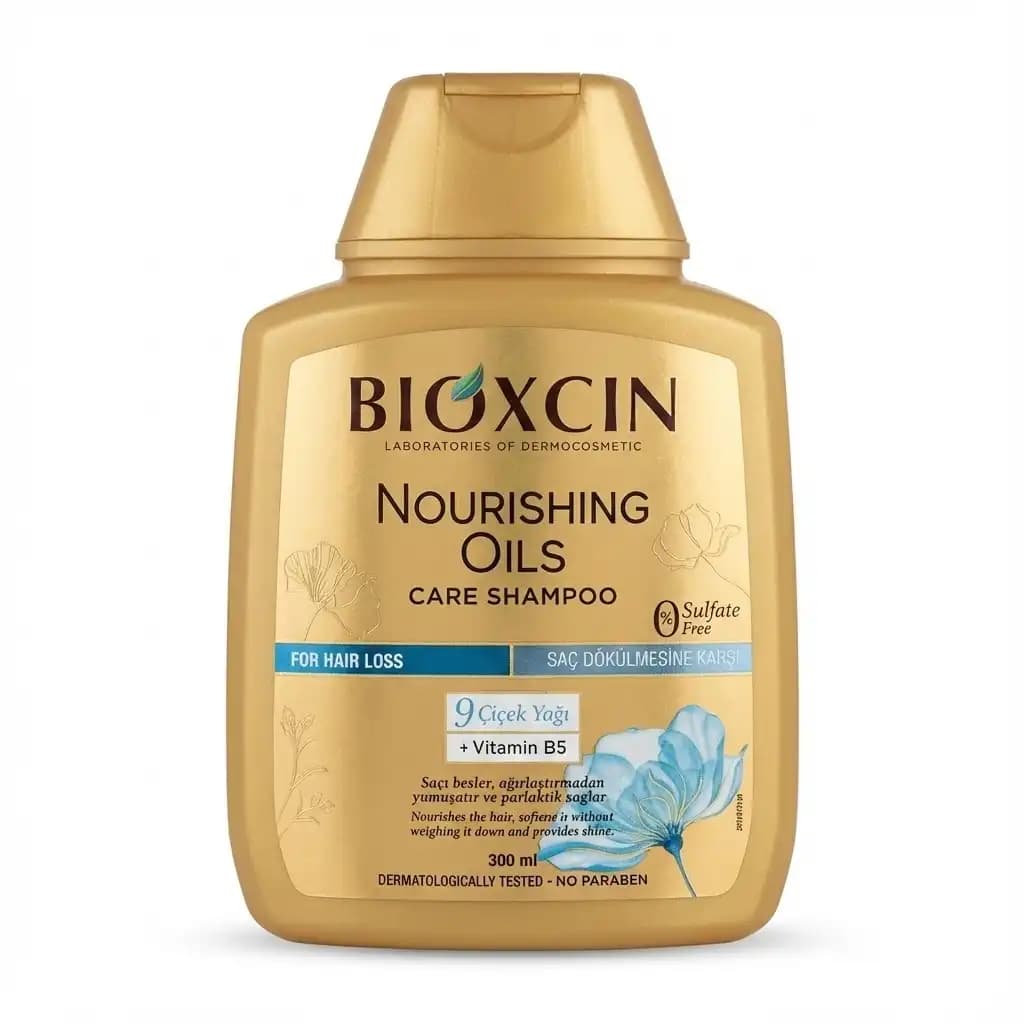 شامپو بیوکسین Bioxcin طلایی مدل Nourishing Oils بدون سولفات و ضد ریزش قوی حجم 300 میلی لیتری