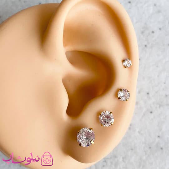 پیرسینگ گوش نگین دایره پایه طلایی در 4 سایز — تصویر ۲
