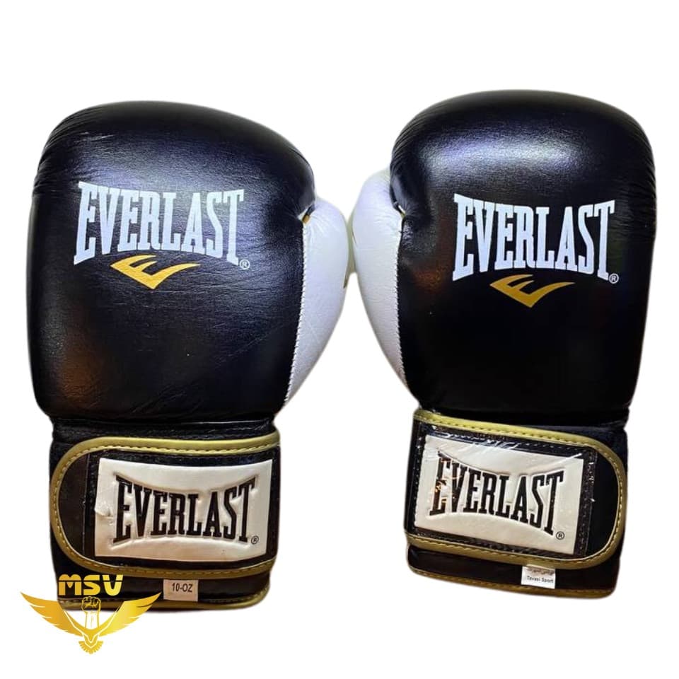 دستکش بوکس اورلست EVERLAST چرم طبیعی مشکی سفید 10 اونس
