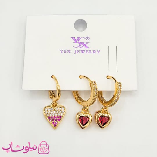 گوشواره سه تایی دخترانه YSX مدل قلب قرمز کد 991 — تصویر ۲