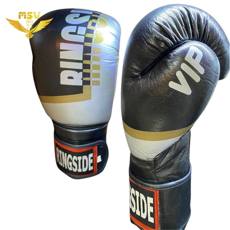 دستکش بوکس رینگ ساید | Ring Side چرم آتل دار مشکی نقرهای — تصویر ۳