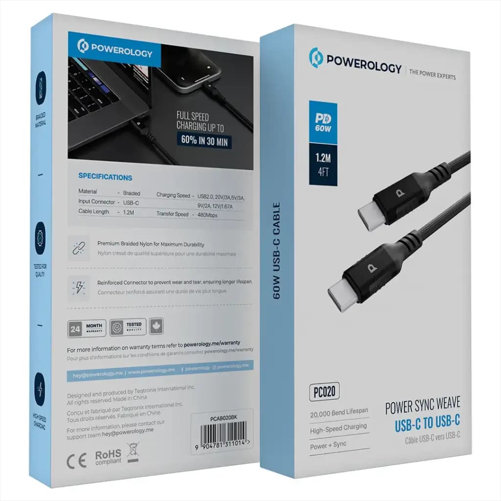 کابل تایپ سی به تایپ سی PC020 پاورولوژی Powerology Power Sync Weave USB-C to USB-C PD 60W — تصویر ۹