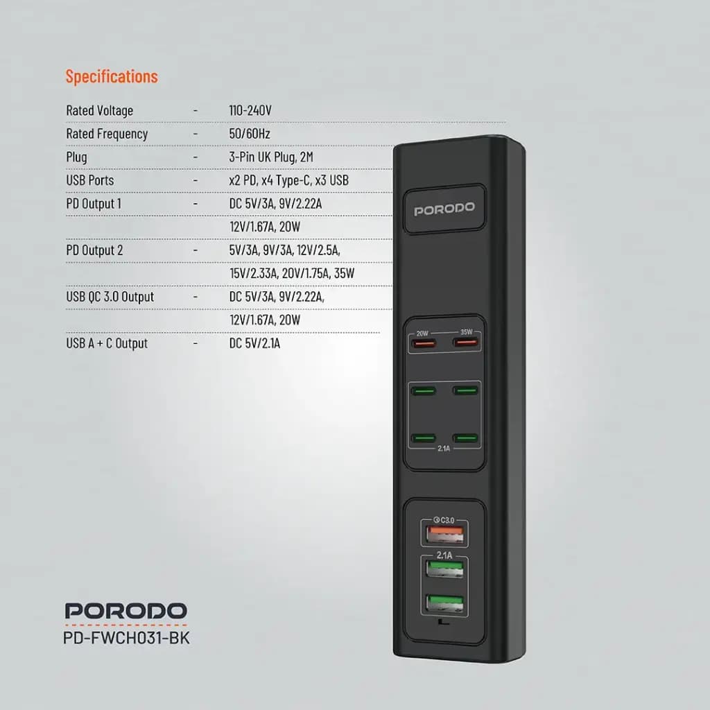 هاب شارژر 85 وات Porodo 85W Multi-Port USB Charging HUB — تصویر ۳