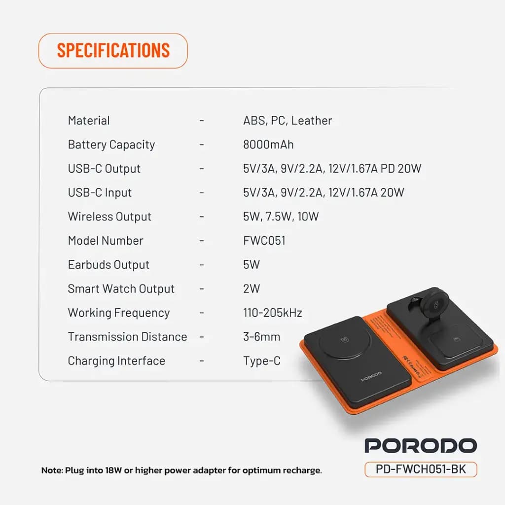 پاور بانک همراه چهار کاره مگ سیف پرودو Porodo 8000mAh Folding 4-Device Charger — تصویر ۹