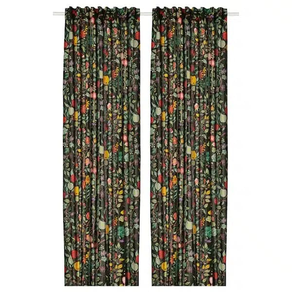 1 جفت پرده گلدار ایکیا VILDPERSILJA مشکی-سبز/چند رنگ، 145×300 سانتی‌متر