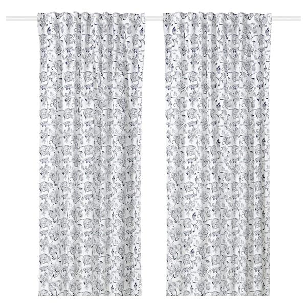 1 جفت پرده گلدار ایکیا DOVREFIBBLOR سفید/آبی تیره، 145×300 سانتی‌متر
