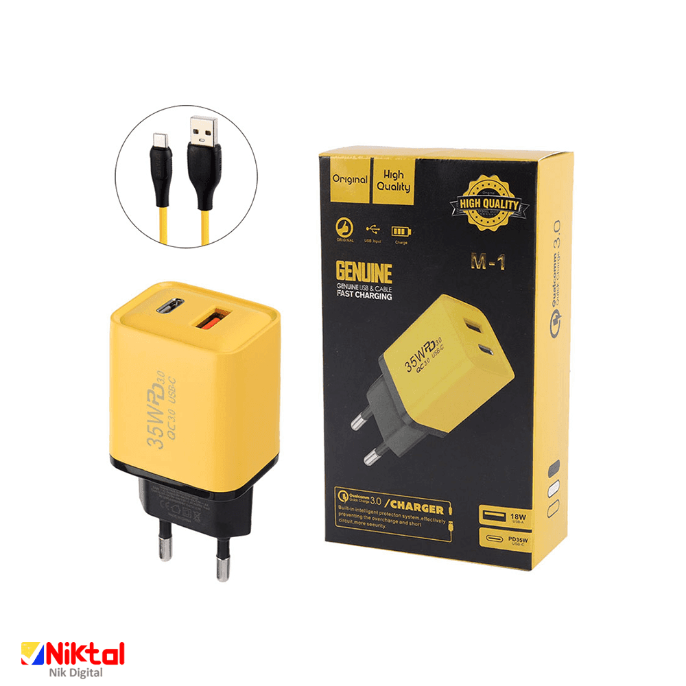 آداپتور شارژر فست شارژ با كابل تایپ سی 2pin M-1