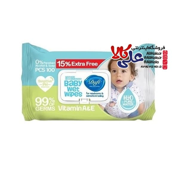 دستمال مرطوب پاکتی دافی بسته ۱۰۰ عددی