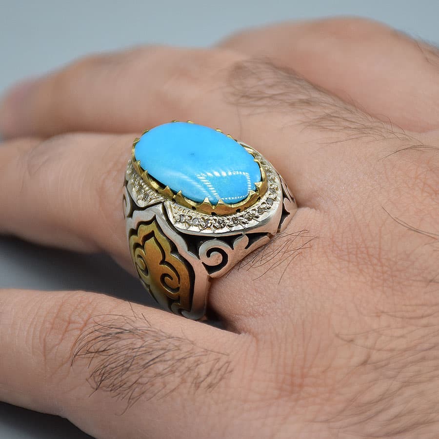 انگشتر فیروزه نیشابور درشت و صاف با 26 عدد الماس مردانه «کد 3739» — تصویر ۶