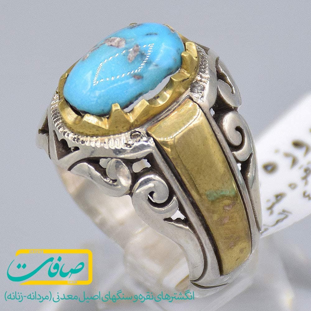 انگشتر فیروزه نیشابور با 4 عدد الماس مردانه «کد 3842» — تصویر ۲
