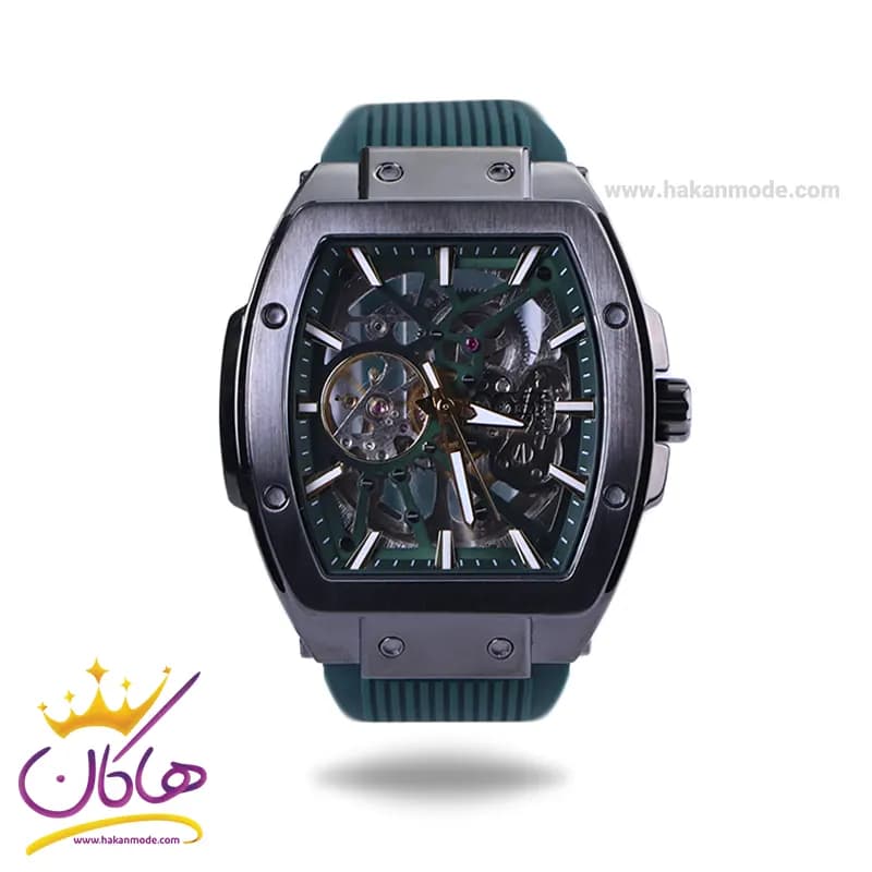 ساعت مچی کرست مردانه اتوماتیک بند رابر سبز صفحه اسکلتون crest 6335/3 — تصویر ۴