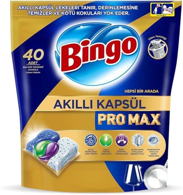قرص شوینده ماشین ظرفشویی بینگو 40 عددی مدل پرو مکس Bingo Smart Capsule Pro Max با کیفیت عالی