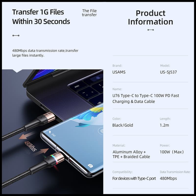 کابل تبدیل USB-C یوسمز مدل US-SJ537 طول 1.2 متر — تصویر ۹