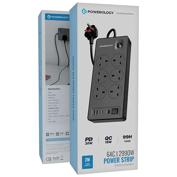 چندراهی برق تایمردار پاورولوژی Powerology 6AC 2990W Power Strip PWCUQC046BK — تصویر ۷