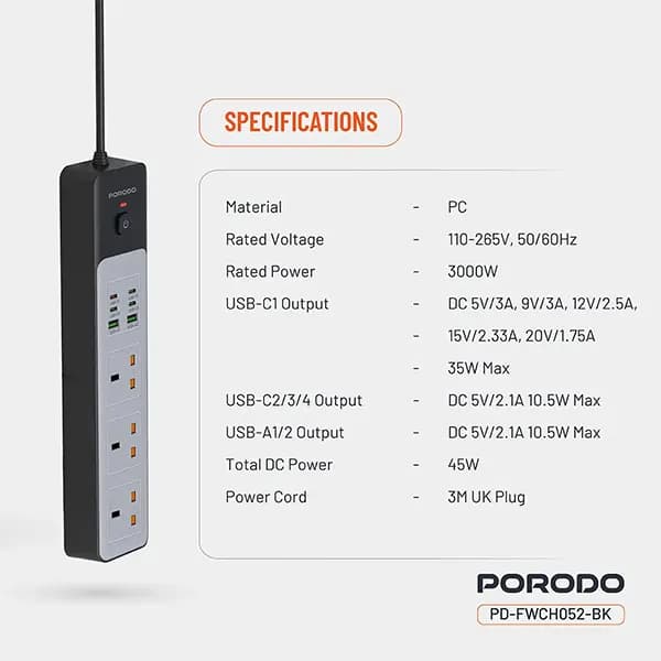 چندراهی برق با کابل 3 متری پرودو Porodo Power Strip PDFWCH052 — تصویر ۹