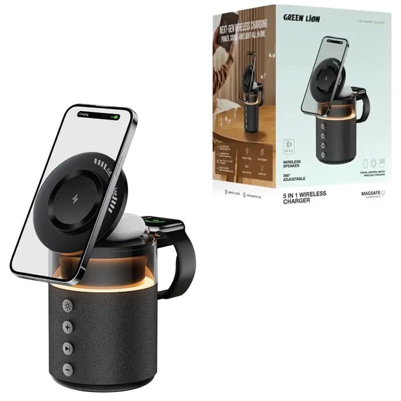 شارژر بی سیم و چراغ رومیزی اسپیکر دار گرین لاین Wireless Charger 5 in 1 — تصویر ۲