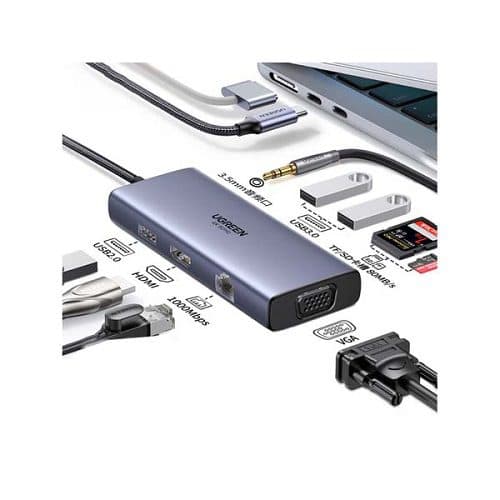هاب 9 پورت Type-C یوگرین مدل 50611-CM498 با 2 پورت 3.0 USB و پورت 2.0 USB و پورت HDMI و VGA و LAN و جک 3.5 میلی‌ متری و درگاه کارت حافظه — تصویر ۹