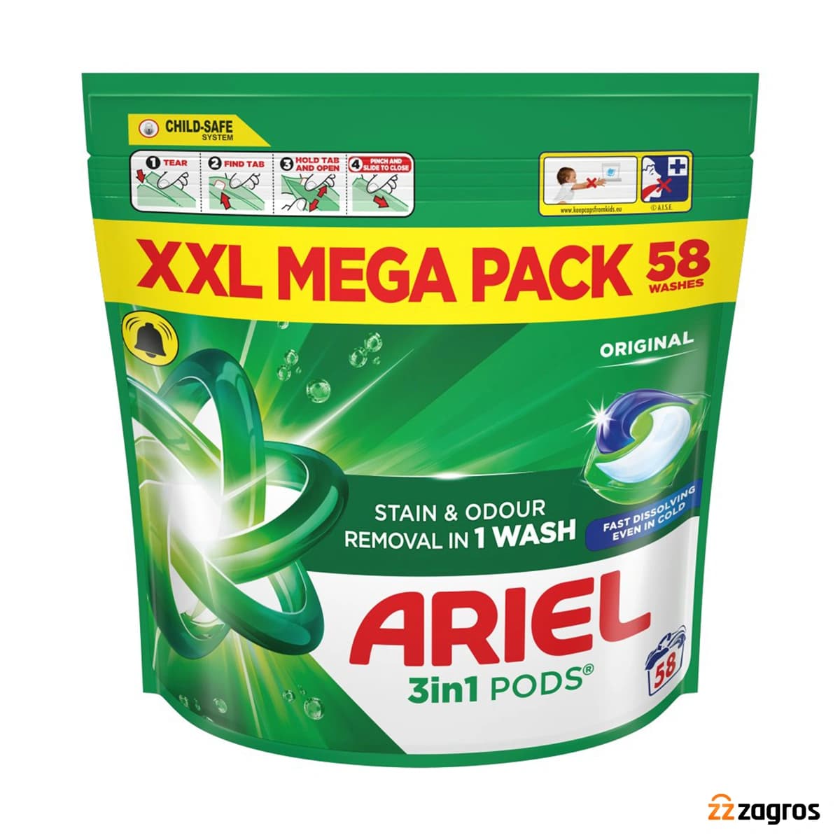 قرص ماشین لباسشویی آریل مدل Orginal Stain & Odour بسته 58 عددی — تصویر ۴