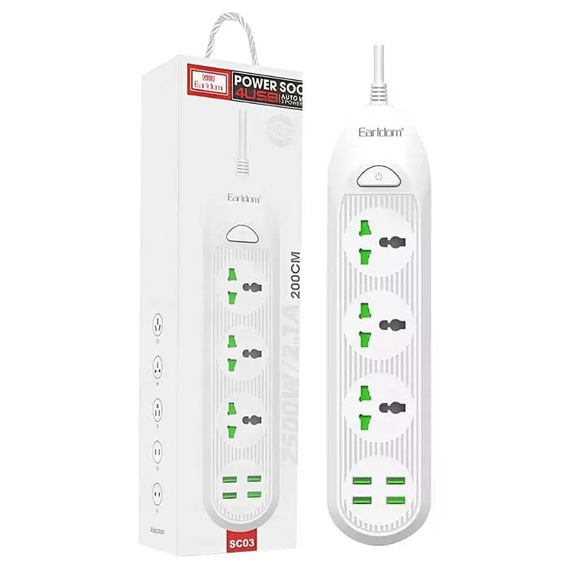 چند راهی برق ارلدام مدل ES-SC03 با کابل ۲ متری و ۴ پورت USB