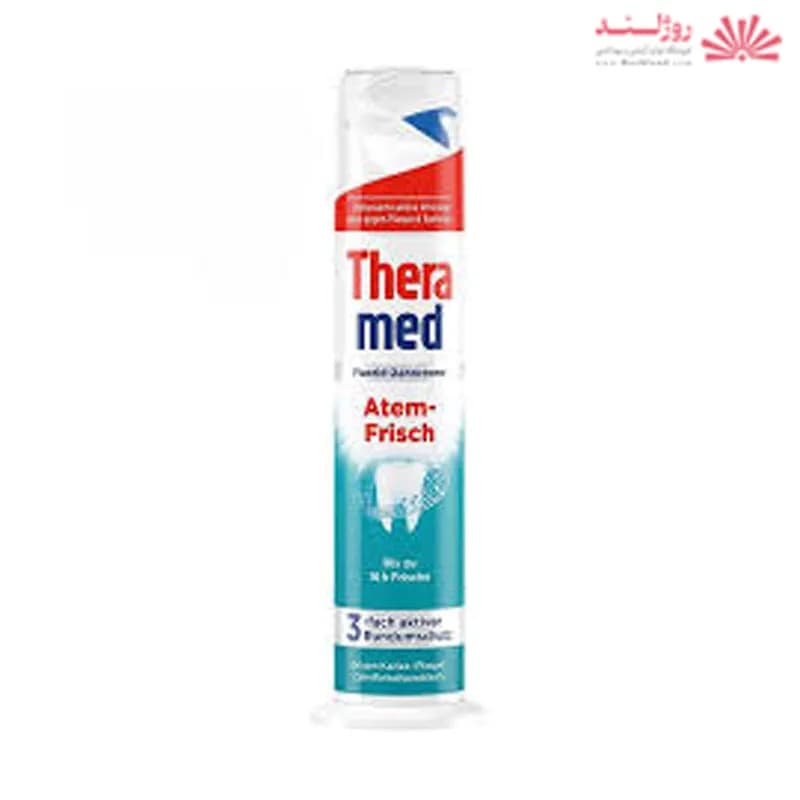 خمیردندان پمپی سه کاره ترامد Thera med مدل Atem frisch با طراوت 16 ساعته حجم 100 میل — تصویر ۶