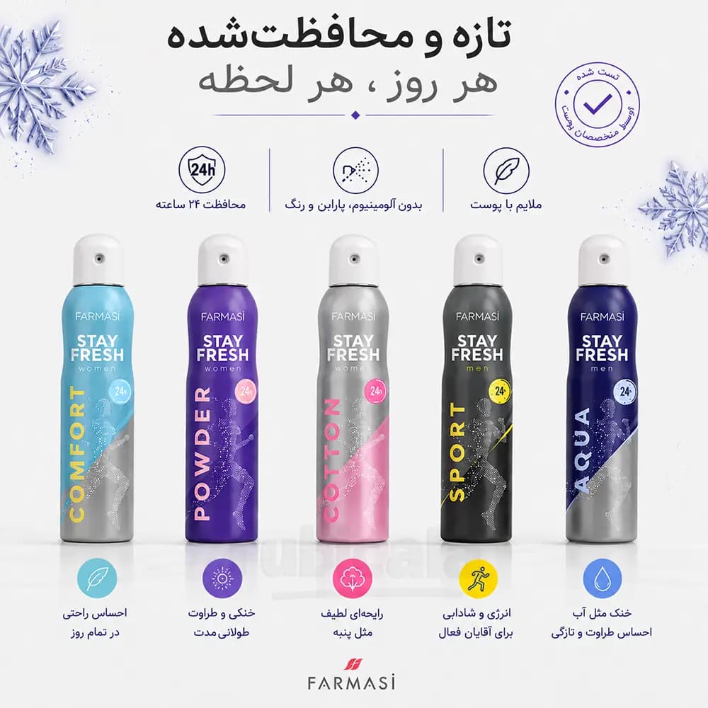اسپری بدن زنانه بدون آلومینیوم فارماسی Farmasi مدل powder حجم 130 میل — تصویر ۷