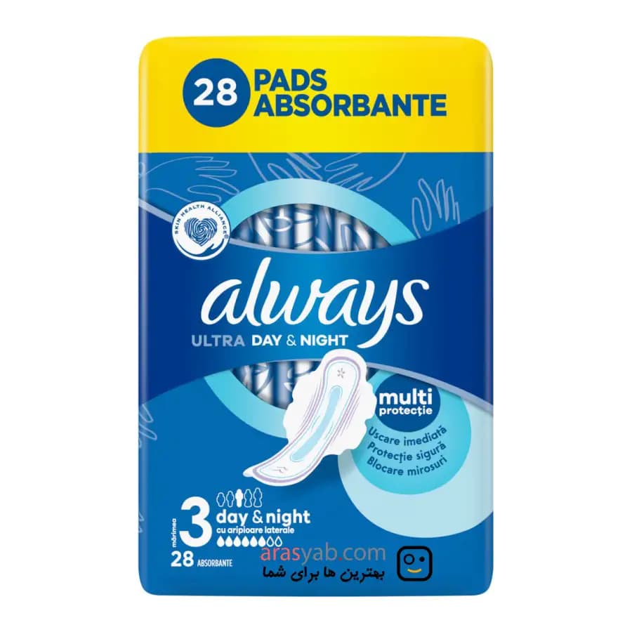 نوار بهداشتی بالدار آبی الویز ALWAYS مدل Ultra Day & Night سایز 3 بسته 28 عددی — تصویر ۳