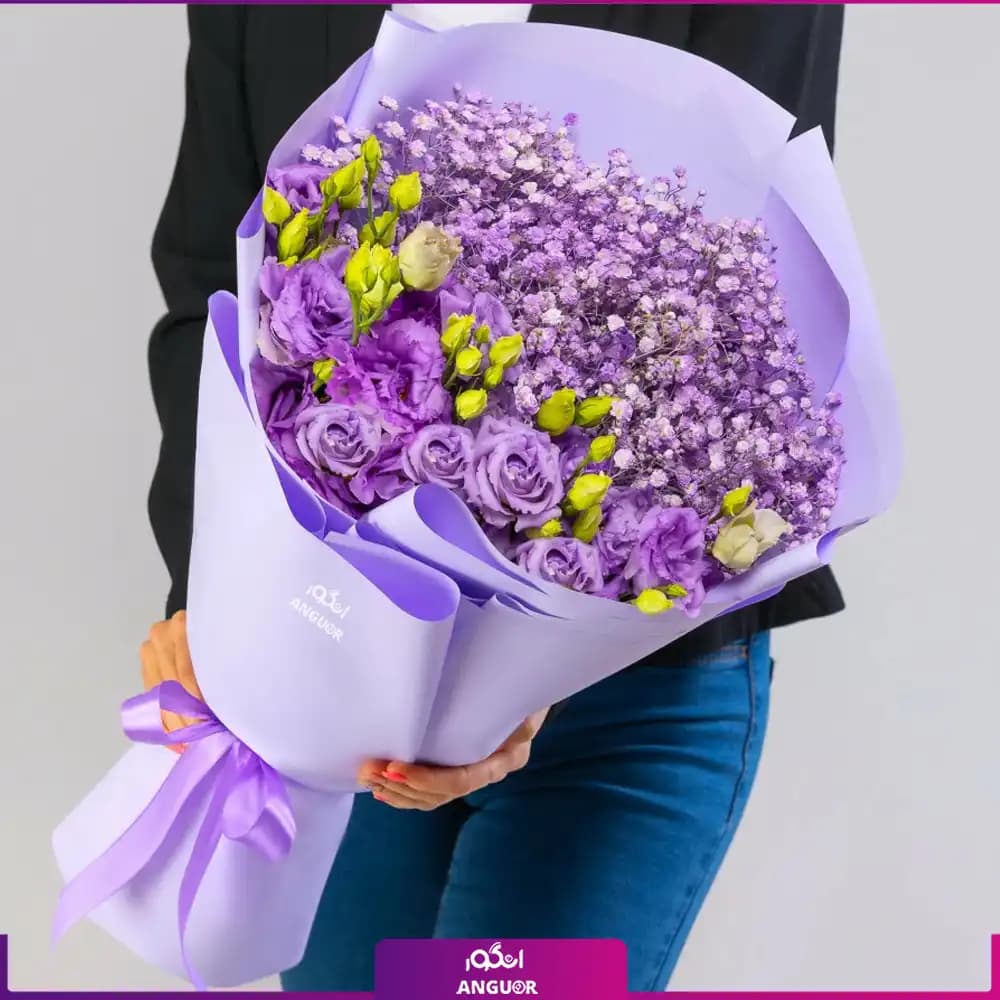 دسته گل لیسیانتوس تم بنفش با ژیپسوفیلا — تصویر ۴