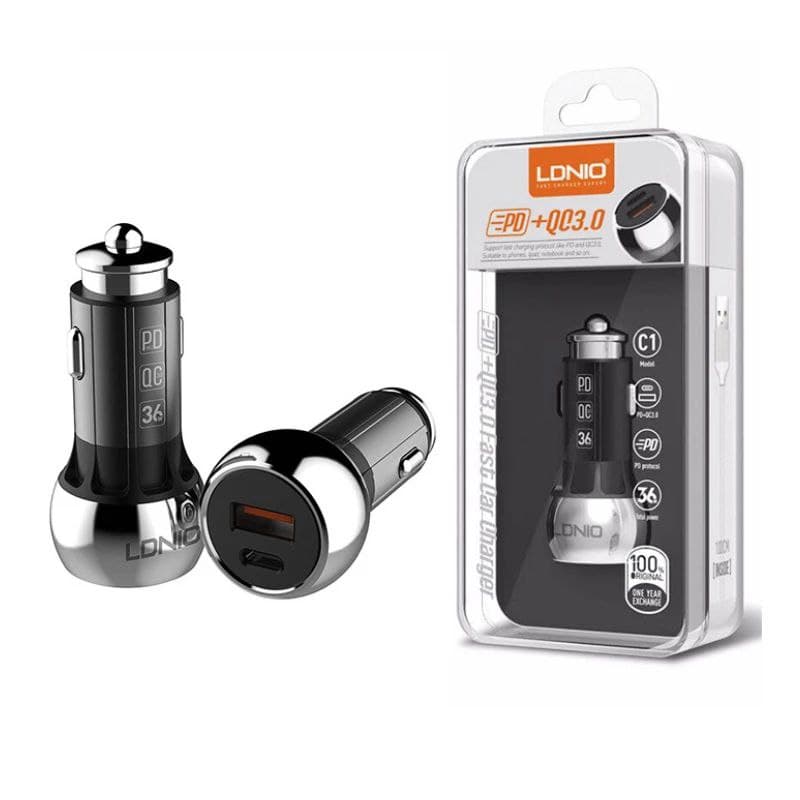 شارژر فندکی الدینیو مدل C1 فست شارژ PD و QC3.0 همراه با کابل تایپ سی