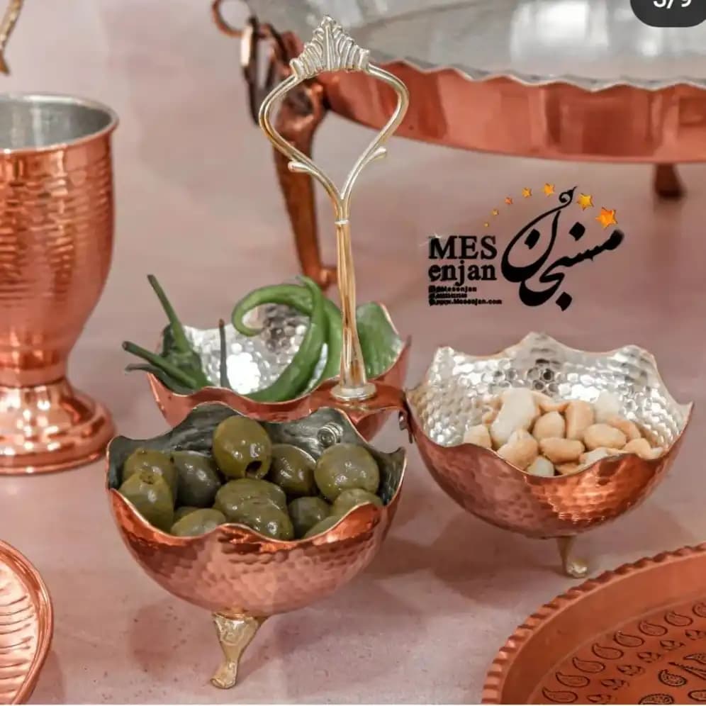اردوخوری ۳تایی مسی دست‌ساز – ترکیبی از هنر و کاربرد در پذیرایی — تصویر ۴