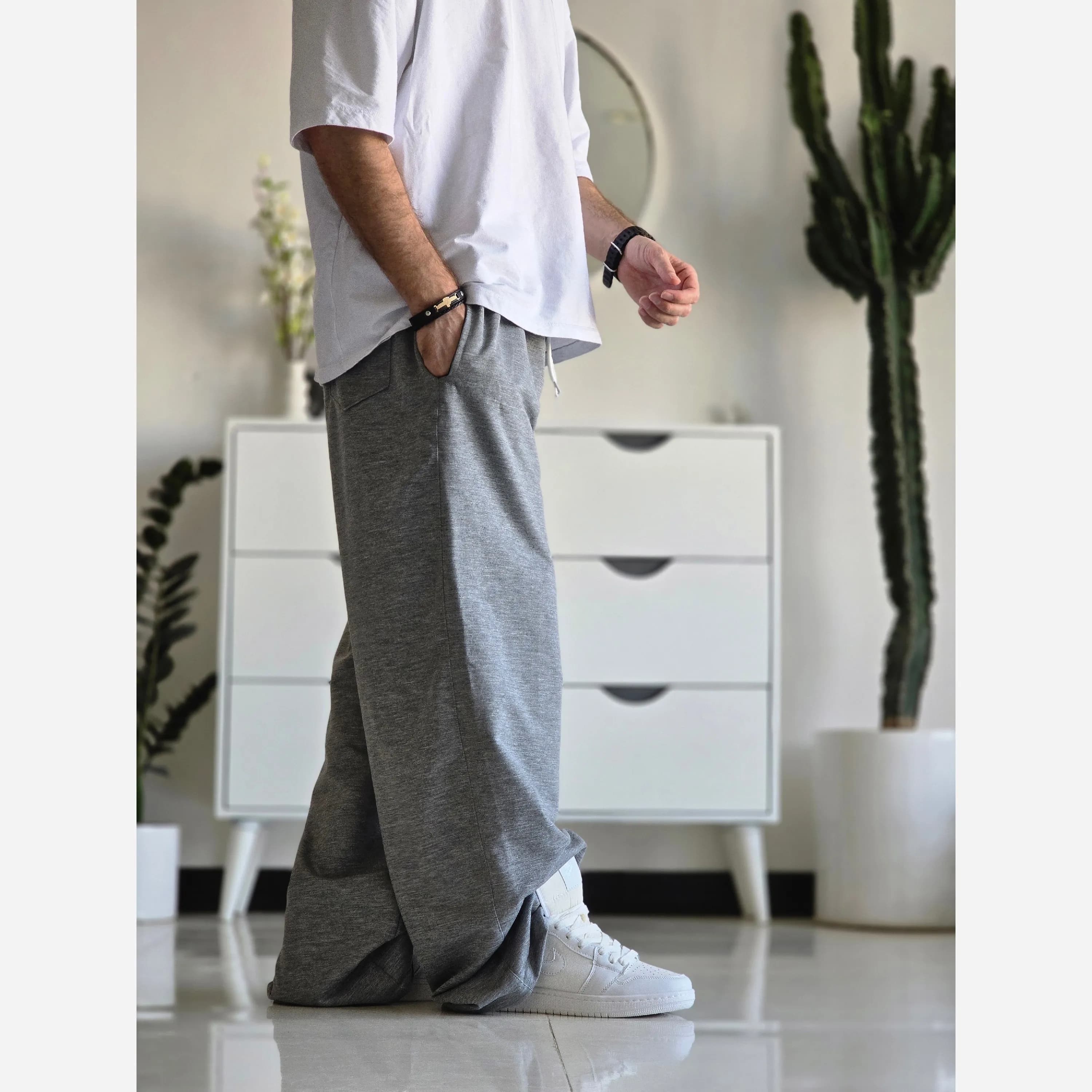 شلوار اسلش مردانه و زنانه فول بگ پارچه ملانژ طوسی سایز بزرگ XXL و XXXL — تصویر ۵