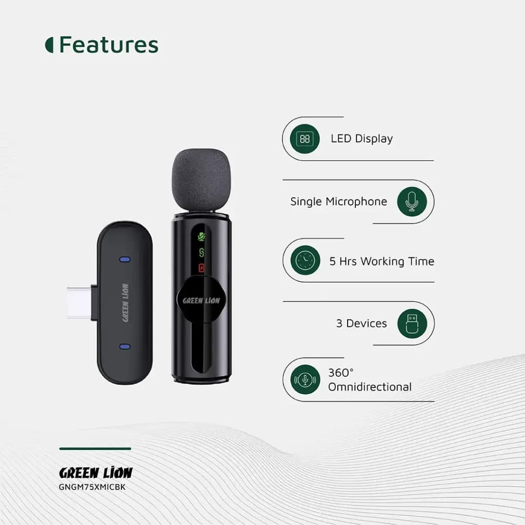میکروفون یقه ای بیسیم حذف نویز سه‌سطحی گرین لاین مدل GM-75X GNGM75XMIC — تصویر ۱۱
