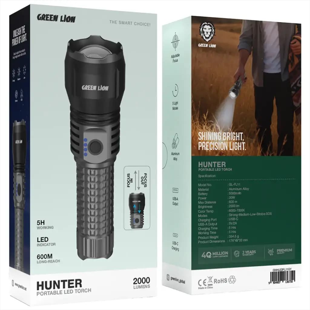 چراغ قوه شارژی گرین لاین مدل Hunter GNHLEDFL11GY — تصویر ۳