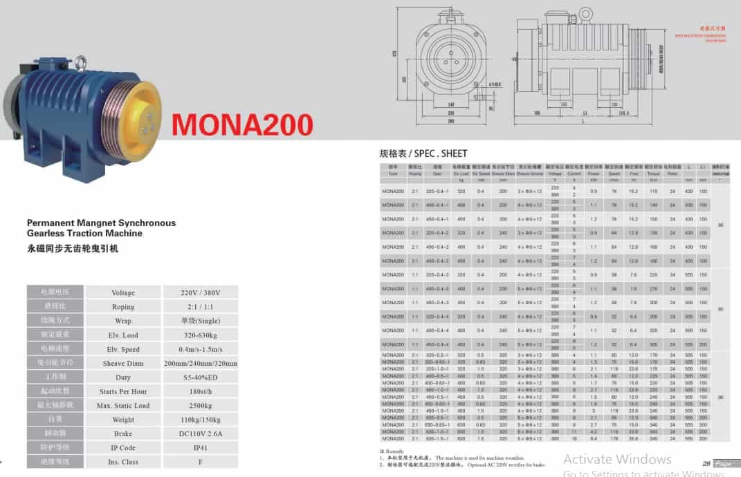 موتور آسانسور گرلس مونو درایو 8 نفره سرعت 1.6 متر مدل MONA200 — تصویر ۲