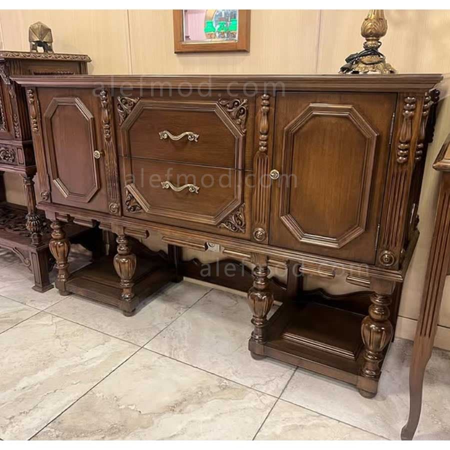 بوفه چوبی طرح دار دو کشو دو درب مدل 18058 — تصویر ۲