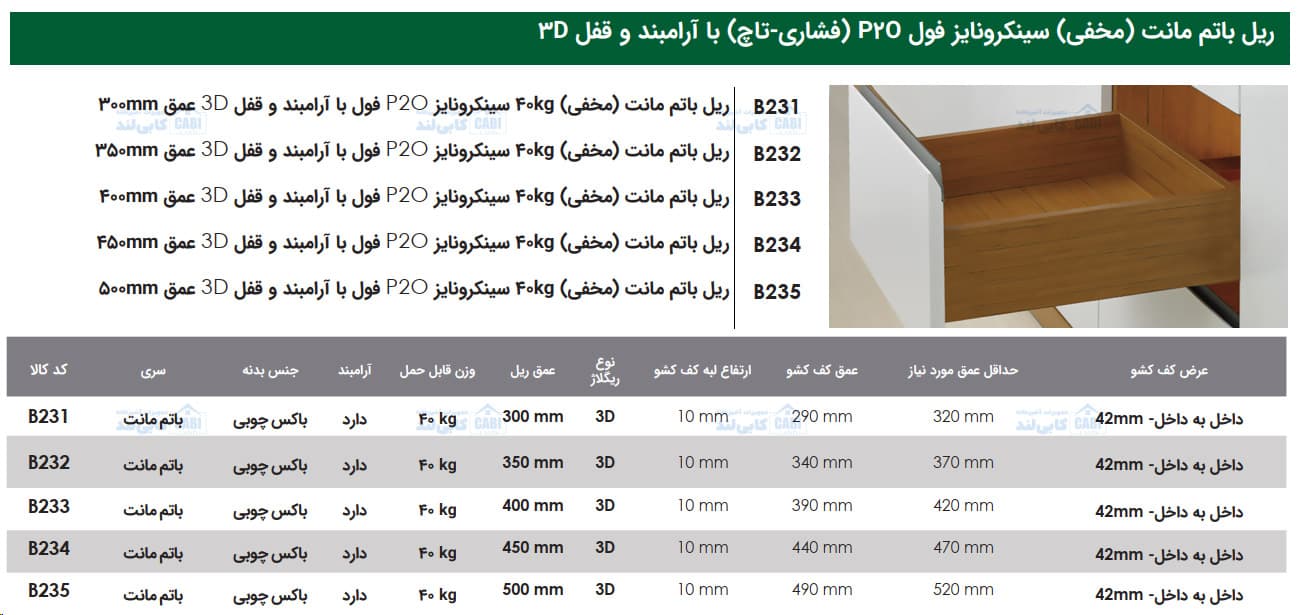 ریل باتم مانت (مخفی) 40kg سینکرونایز P2O فول با آرامبند و قفل 3D فانتونی B231 تا B235 — تصویر ۳