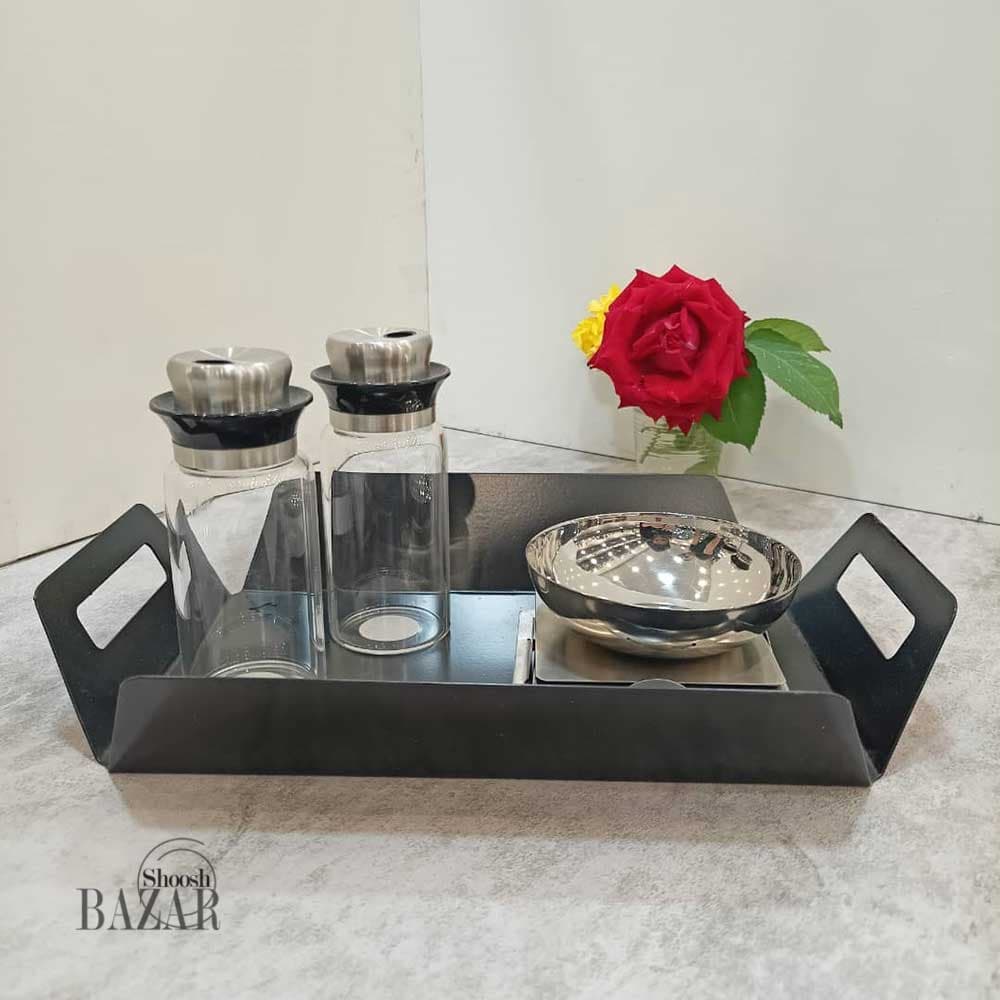 سینی دسته دار لبه باز فلزی مشکی کافه ای