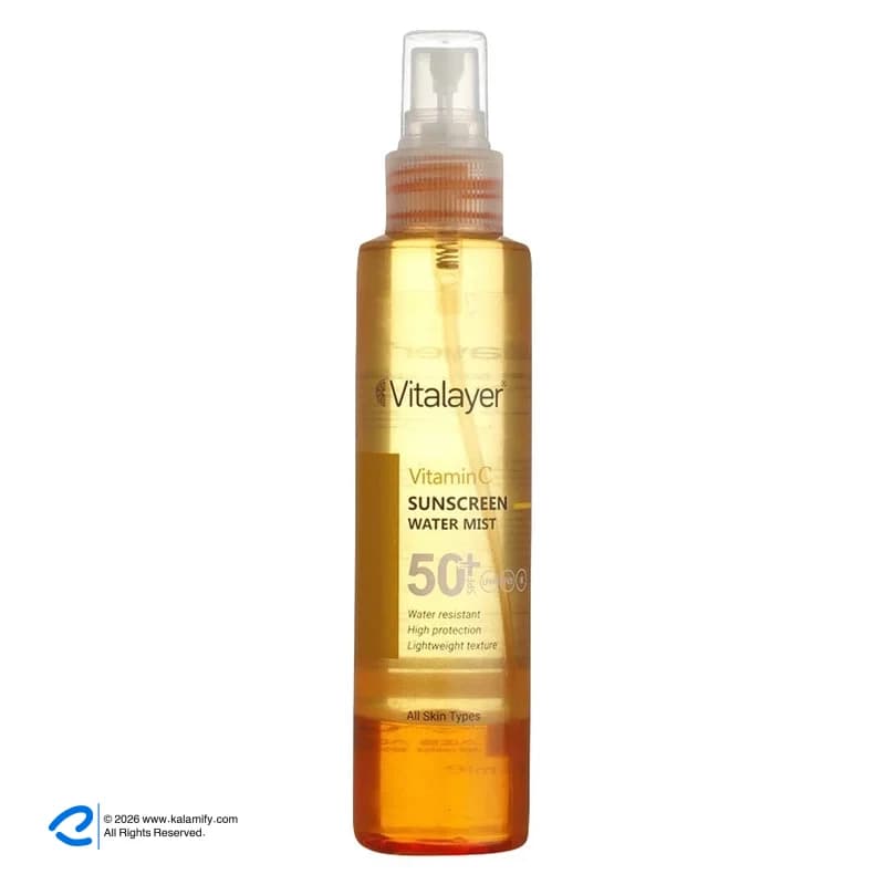 اسپری ضدآفتاب بدون رنگ ویتالیر SPF50 مدل Vitamine C ‌مناسب برای انواع پوست، حجم 150 میلی‌لیتر