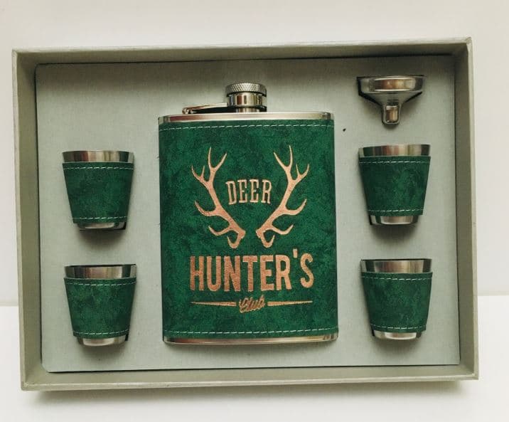 ست قمقمه جیبی چهار شات با روکش چرم مدل کتابی Deer