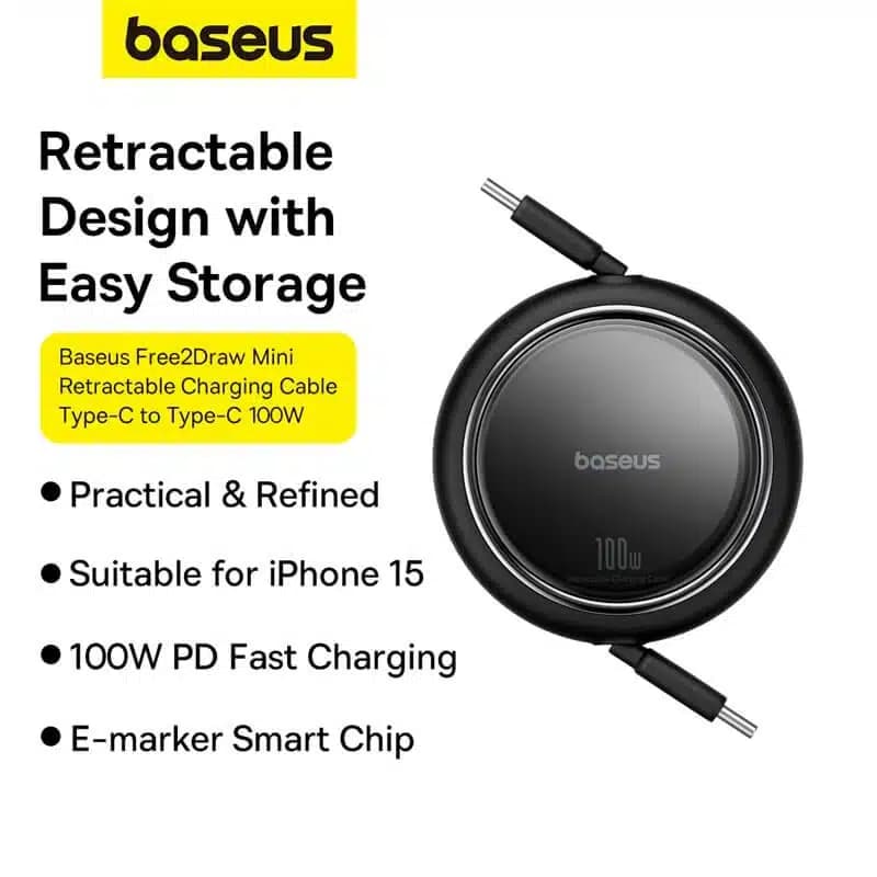 کابل USB-C بیسوس مدل Free2Draw Mini Retractable 100W طول 1 متر — تصویر ۹