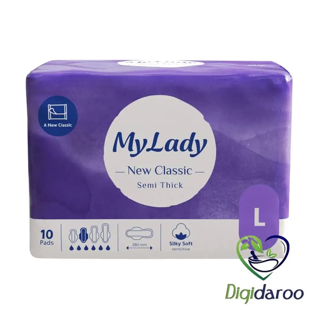 نوار بهداشتی نیوکلاسیک نیمه ضخیم (بزرگ L) مای لیدی 10 عددی (بنفش) (مسافرتی تاشده) — تصویر ۲
