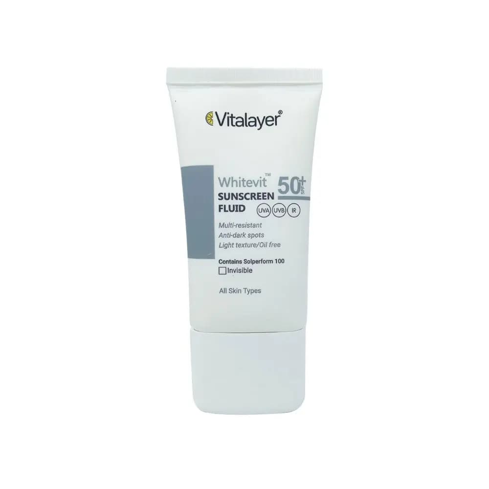 فلوئید ضد آفتاب و ضد لک بی رنگ SPF50 ویتالیر مدل Whitevit مناسب انواع پوست حجم 50 میل
