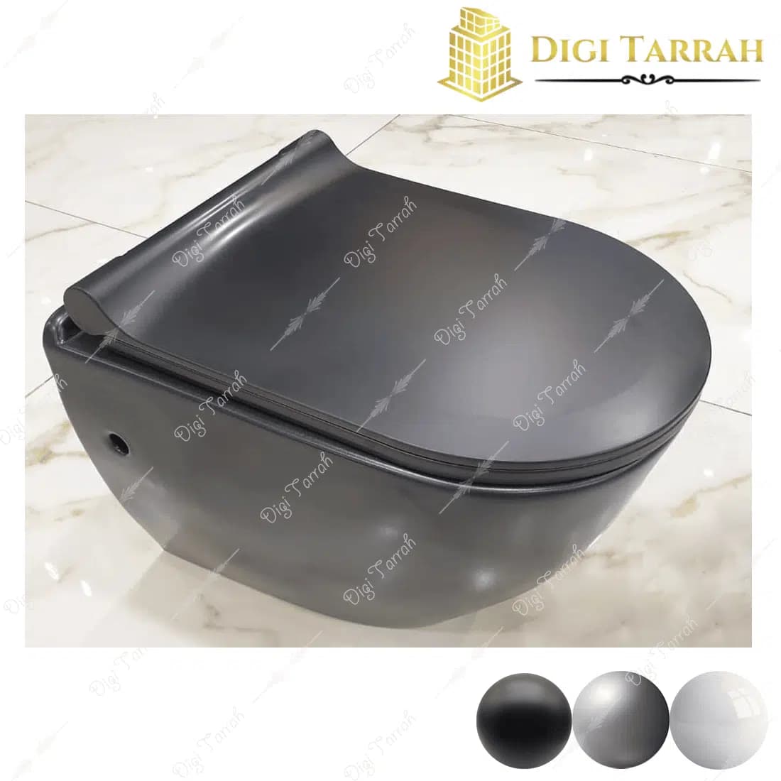 توالت فرنگی دیواری سفید، مشکی و طوسی — تصویر ۳