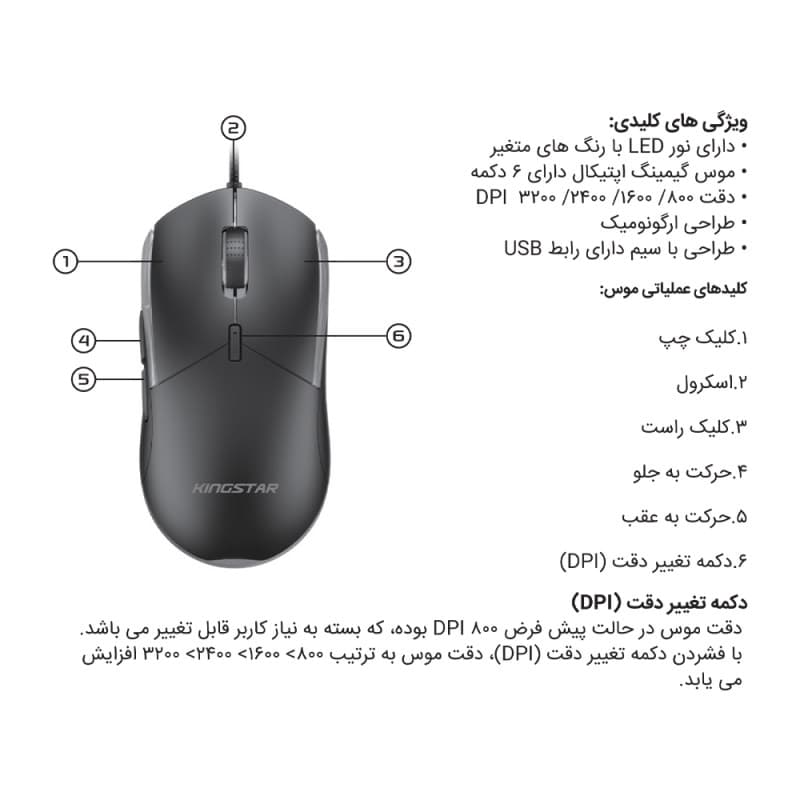 ماوس گیمینگ کینگ استار مدل KM342G با سیم مشکی — تصویر ۷