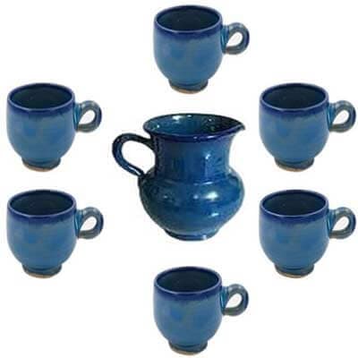 سرویس 7 پارچه پارچ و لیوان سفالی لعاب دار آبی کاربنی