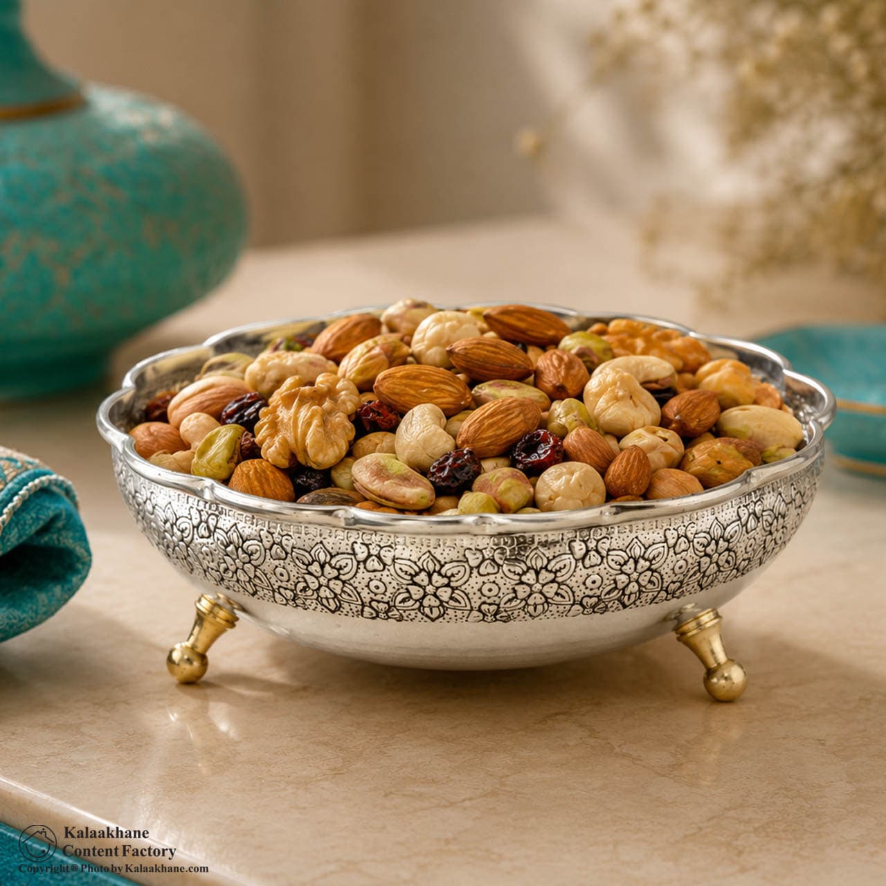 آجیل خوری سه پایه مس دیبا رنگ کروم کد 1060 — تصویر ۹