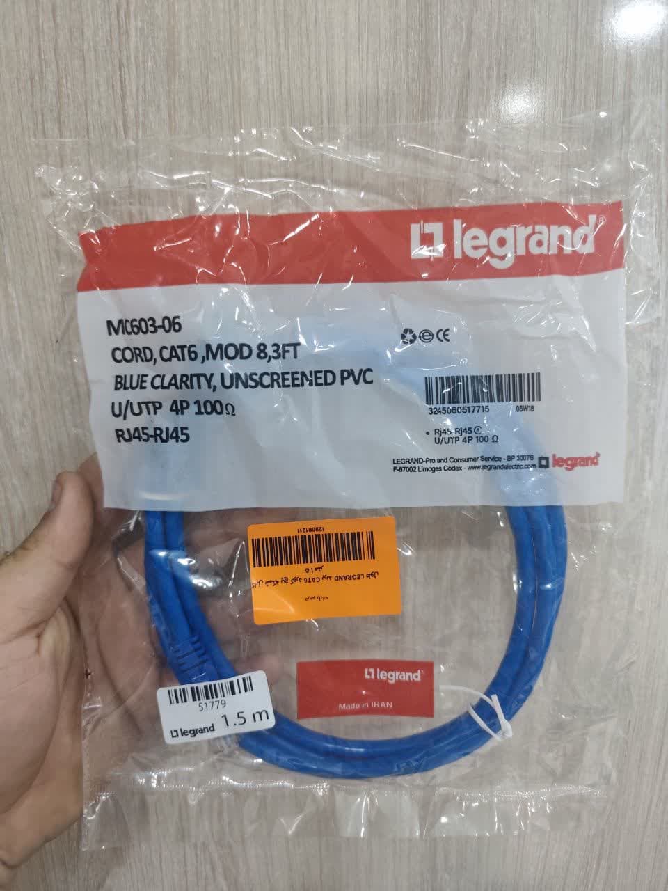 کابل شبکه پچ کورد CAT6 نوع UTP به طول 1.5 متر برند LEGRAND