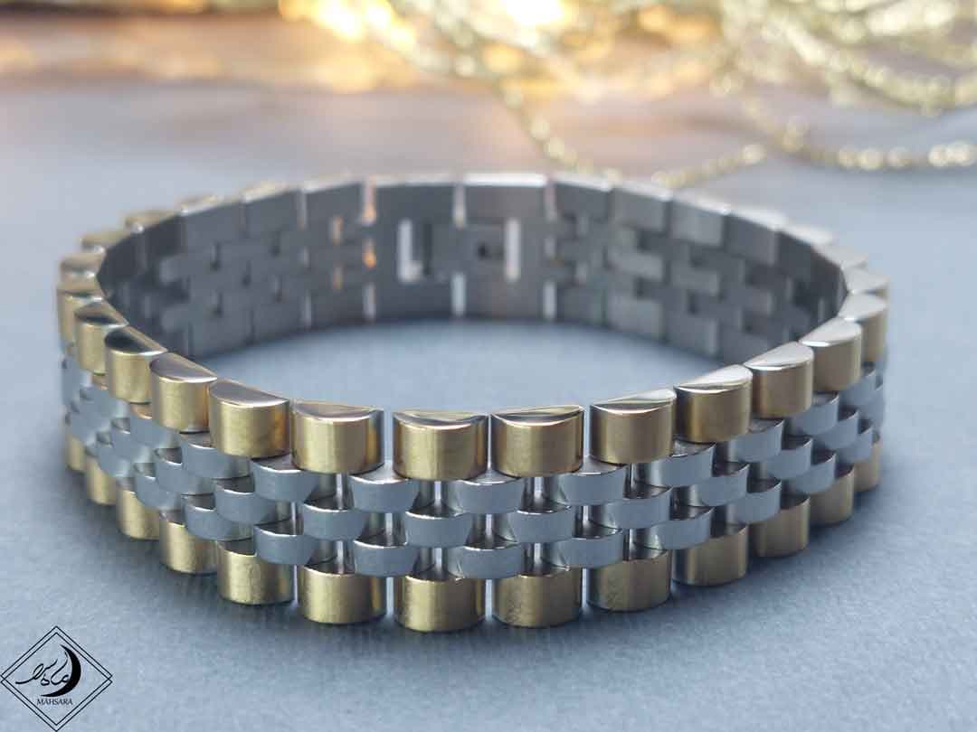 قیمت و خرید دستبند رولکس طلایی و نقره ایی مدل بافتنی 14 میل — تصویر ۱۲