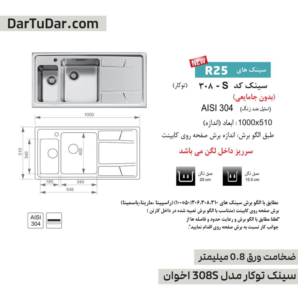 سینک اخوان کد 308S باکسی توکار — تصویر ۶