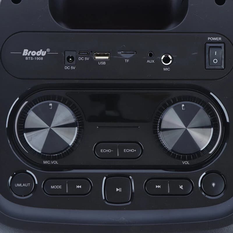 اسپیکر چمدانی بلوتوثی برودو BTS-1908 + میکروفون و ریموت کنترل — تصویر ۴